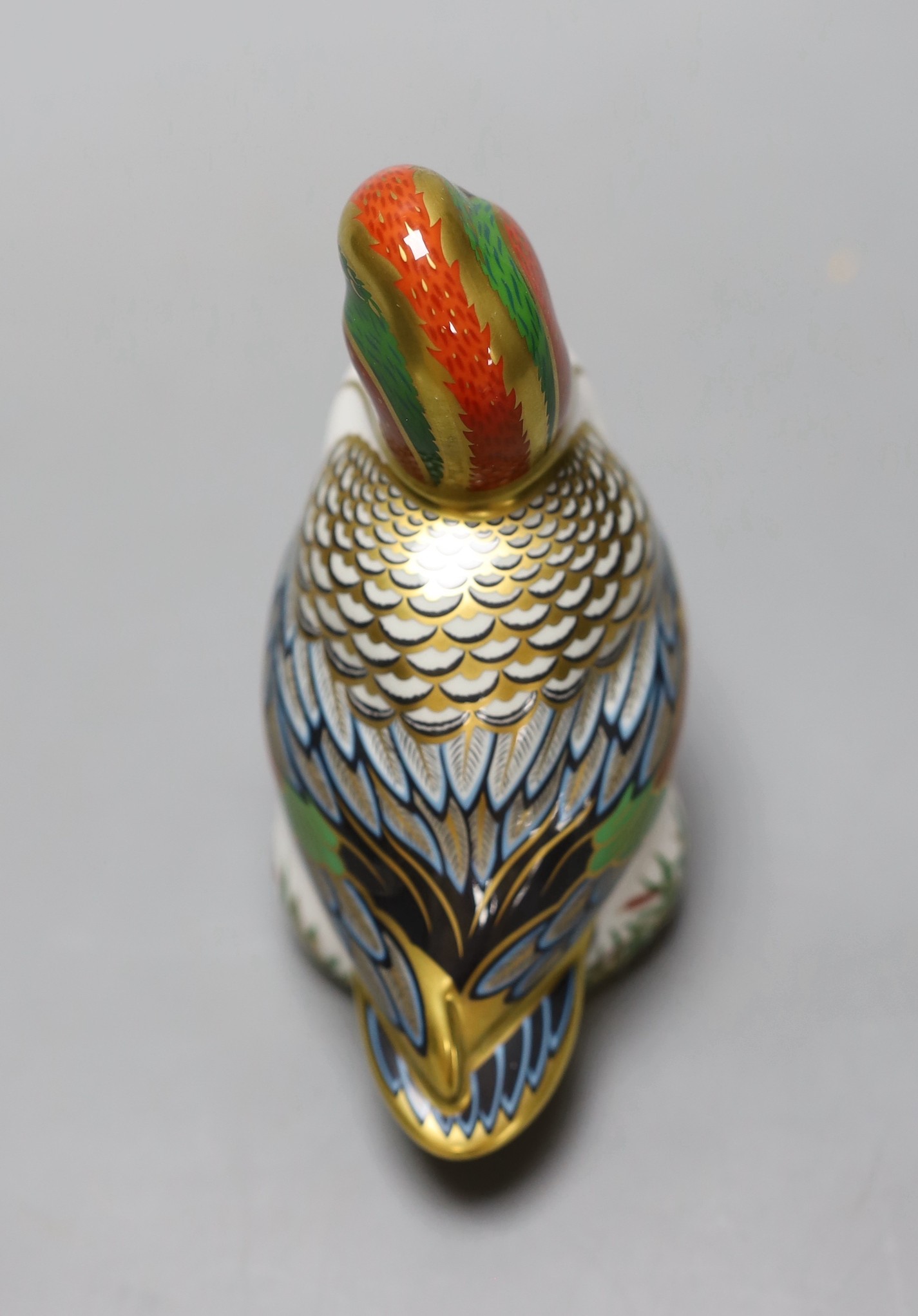 A Royal Crown Derby paperweight - Green Winged Teal, gold stopper, boxed, no certificate